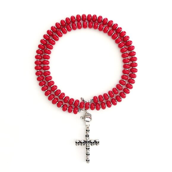 RED JADE NECKLACE W/ 925 SILVER SKULL CROSS PENDANT--24